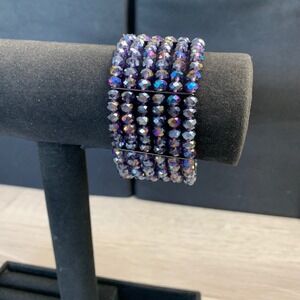 Iridescent Purple Aurora Borealis 5-Row Beaded Cuff Bracelet Magnetic Clasp